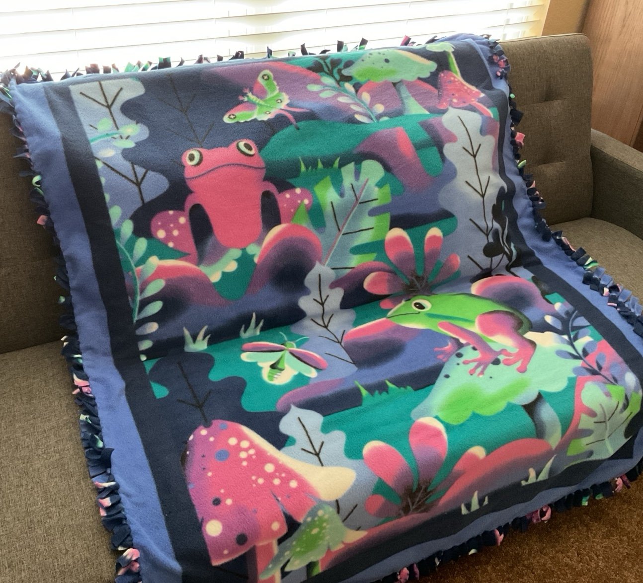 Frog Garden on Blue Fleece Blanket