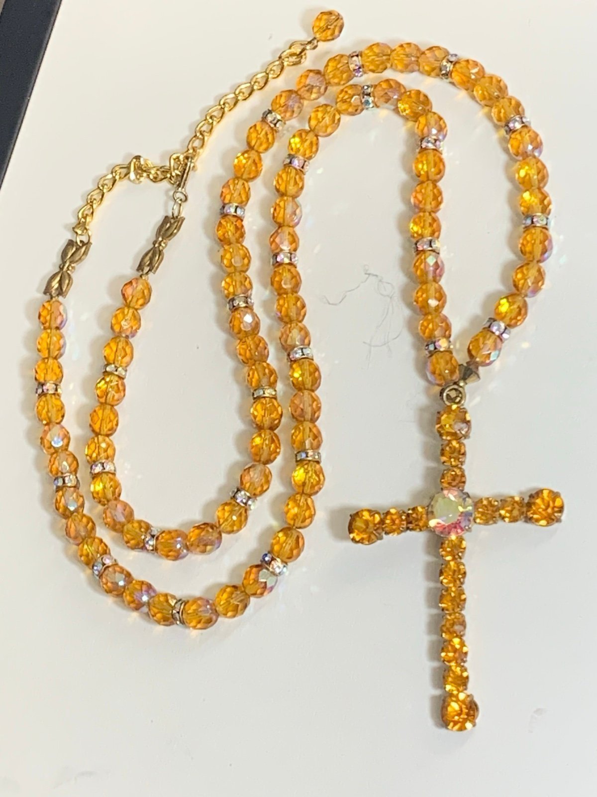 RARE VTG Large Cross TOPAZ AB AURORA BOREALIS CRYSTAL Rosary With Rhinestone Bea