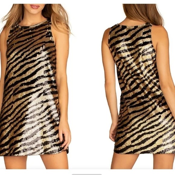 Trina Turk Quartz Black and Gold Zebra Stripe Sequin Mini Shift Dress NWT