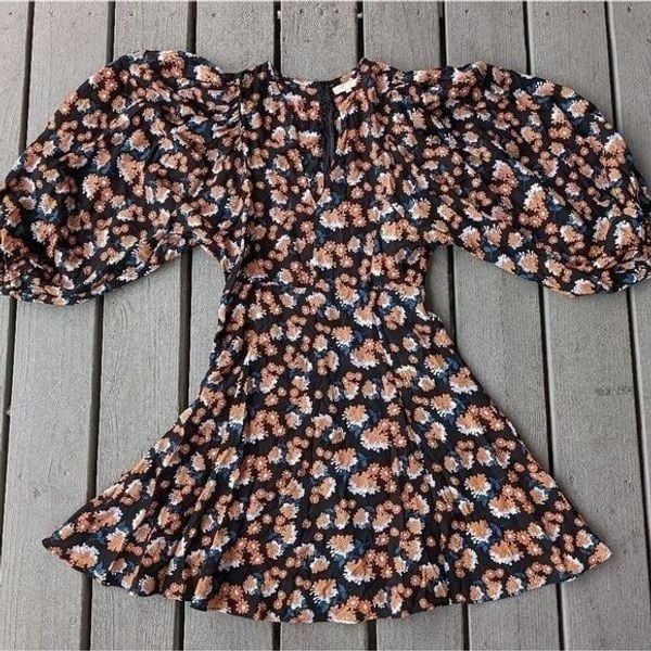 ByTimo Black Orange Floral Puff Sleeve Ruffle Mini Dress Small Romantic Boho