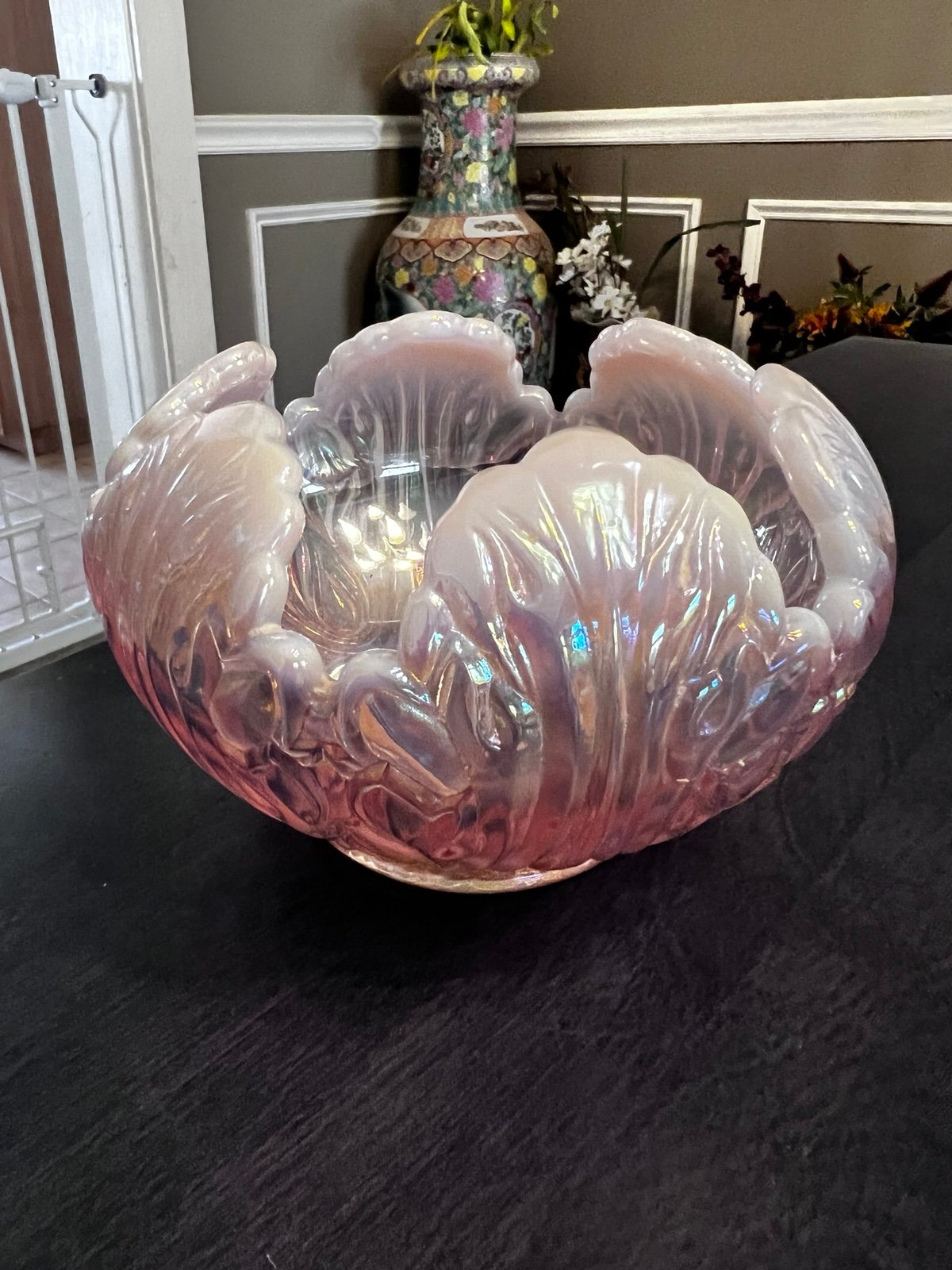 Fenton Pink Iridescent Carnival Glass Cabbage Leaf Candleholder Rose Bowl Vase