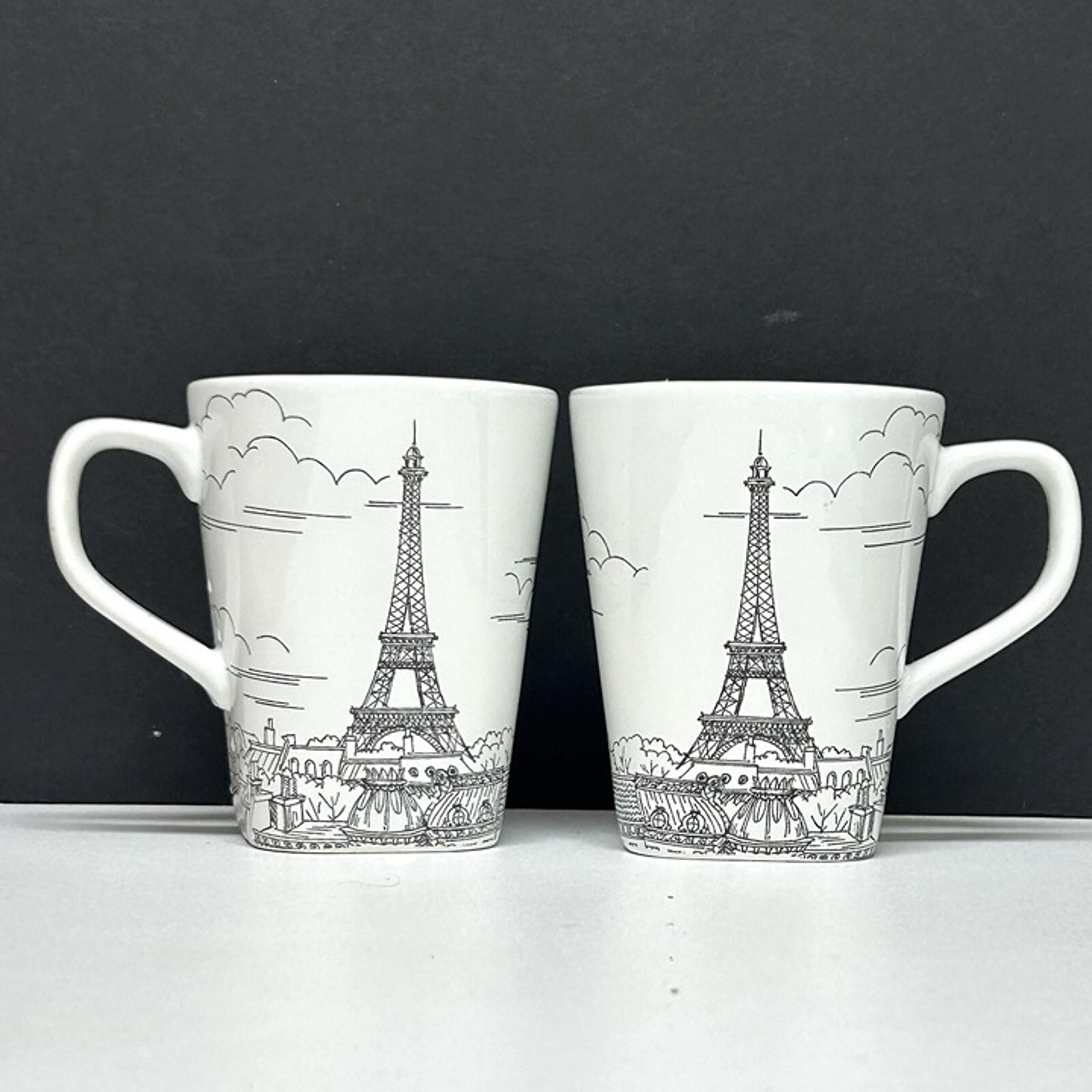 Lot (2) 222 Fifth City Scenes black white sketch Eiffel Tower Tea Coffee Mug Cup