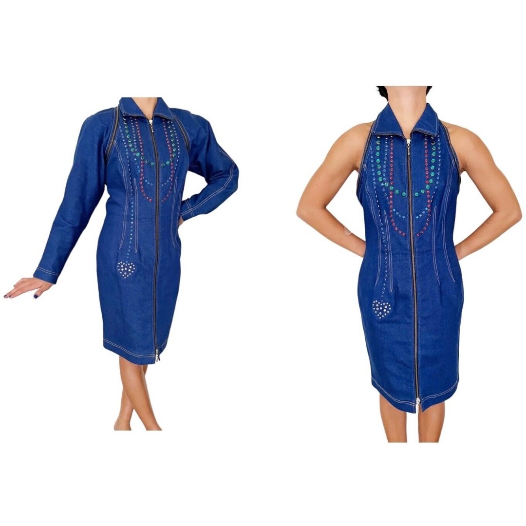 Vtg Tadashi Denim Bodycon Convertible Dress Rhinestone Jacket Halter Bling Sz 08