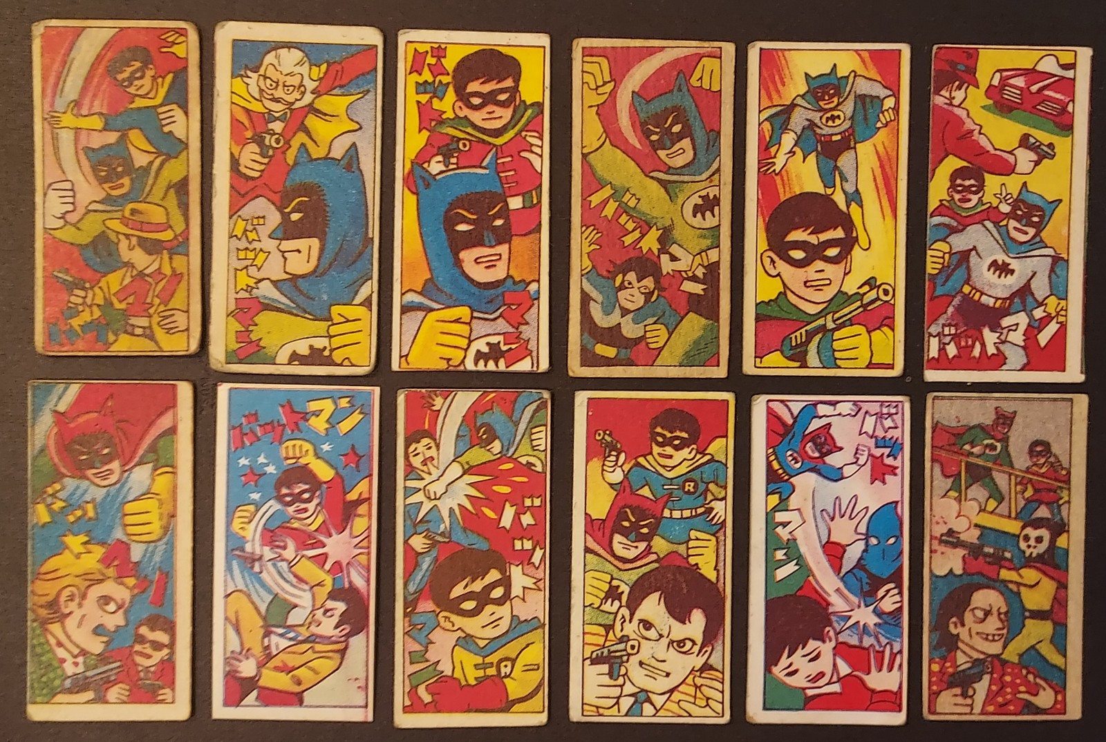 Vintage 1960s Batman & Robin Japanese Menko Cards, lot of 12