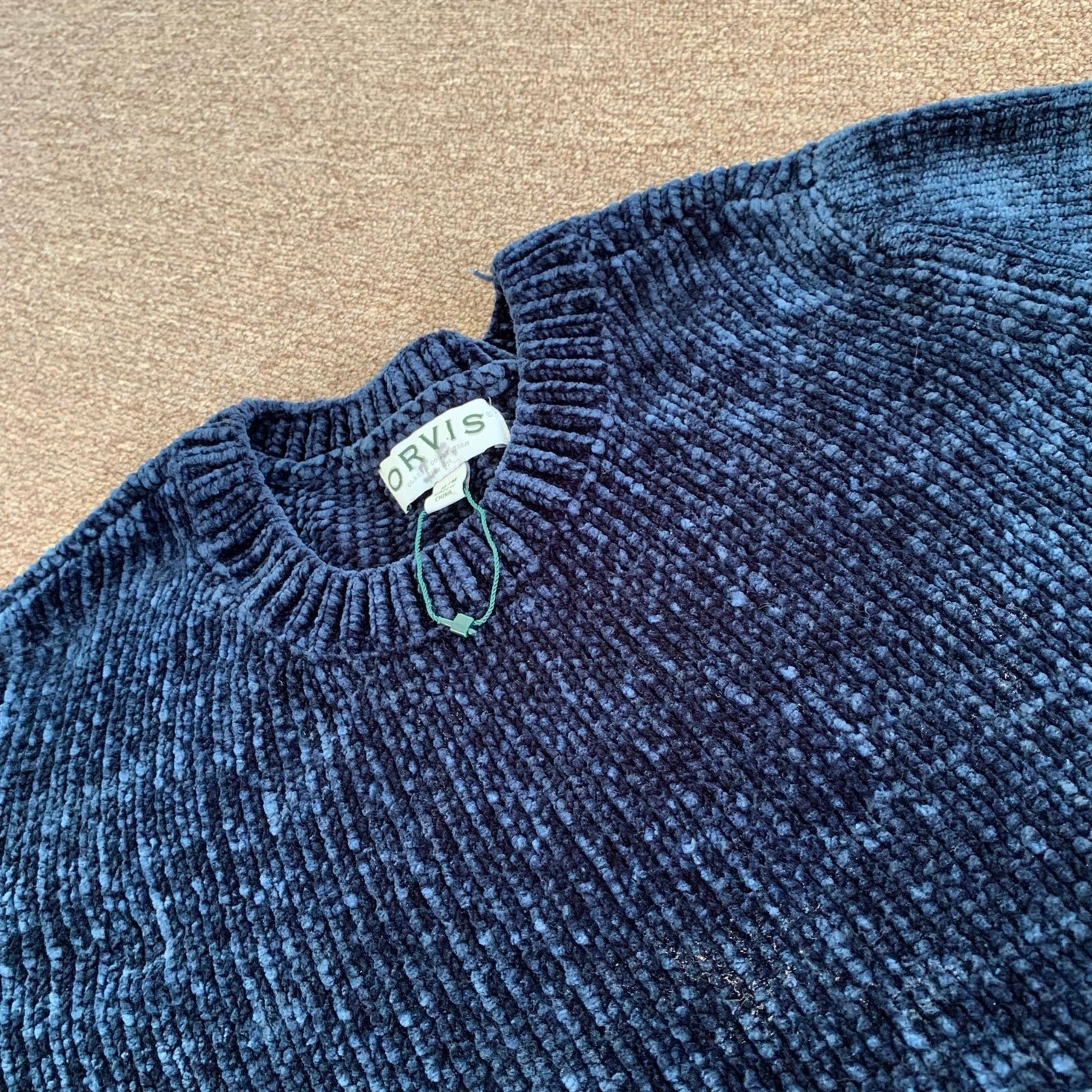 Orvis Sweater Medium Blue Velour Long Sleeve Pullover Crewneck Womens Soft