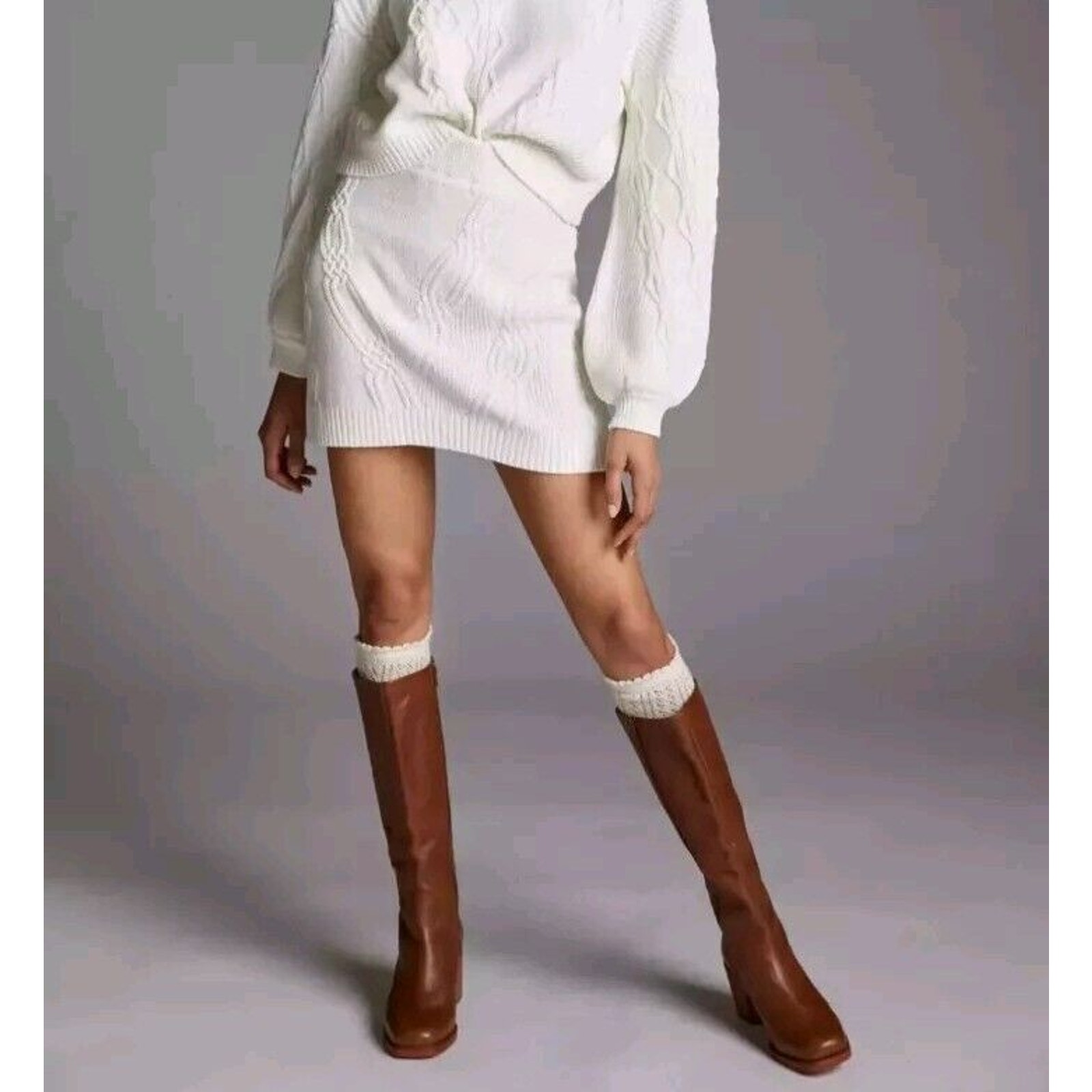 Maeve x Anthropologie Cable Knit Sweater Mini Skirt In Ivory White Women's Sz L
