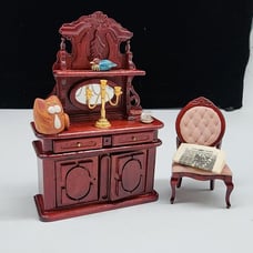 Antique Style Miniature Dollhouse Furniture Set With Hutch Chair & Accessories