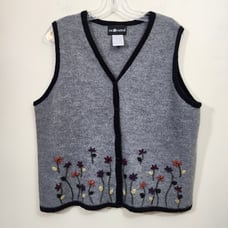 Vintage Sag Harbor wool crewel flower embroidery button front sweater vest sz XL