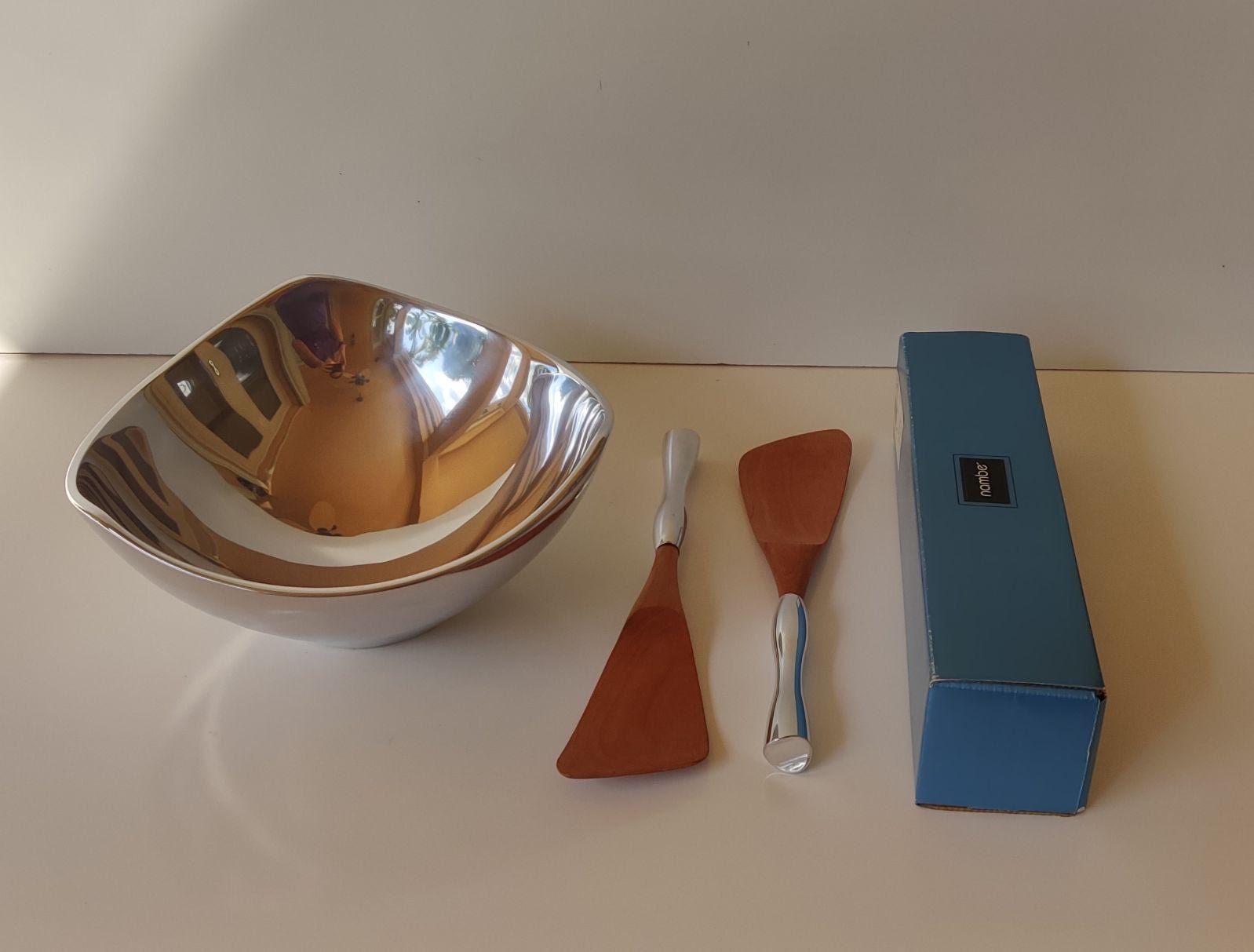 Nambe large 3 point bowl with serving utensils
