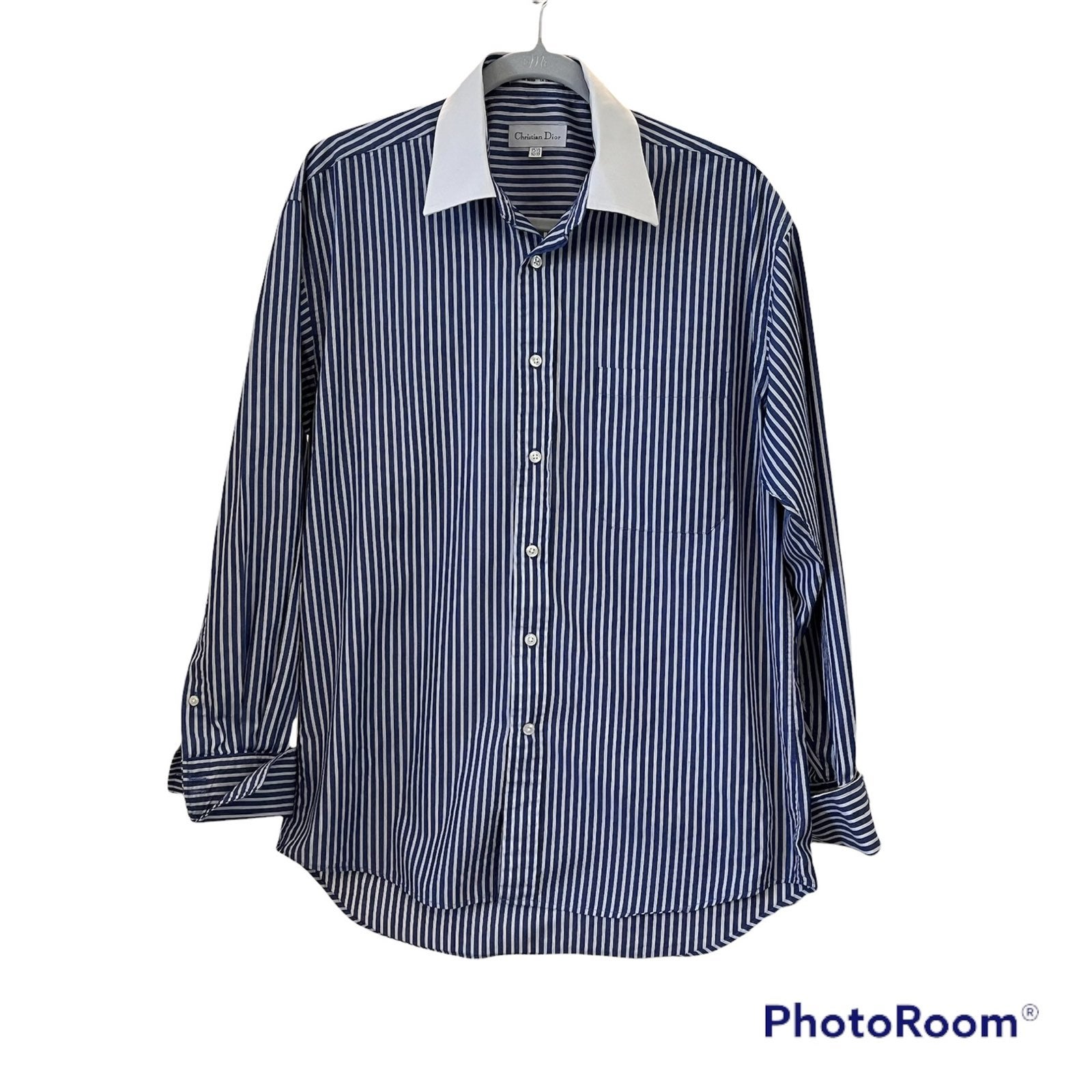 Christian Dior Blue/White Striped French Cuff Cotton Dress Shirt