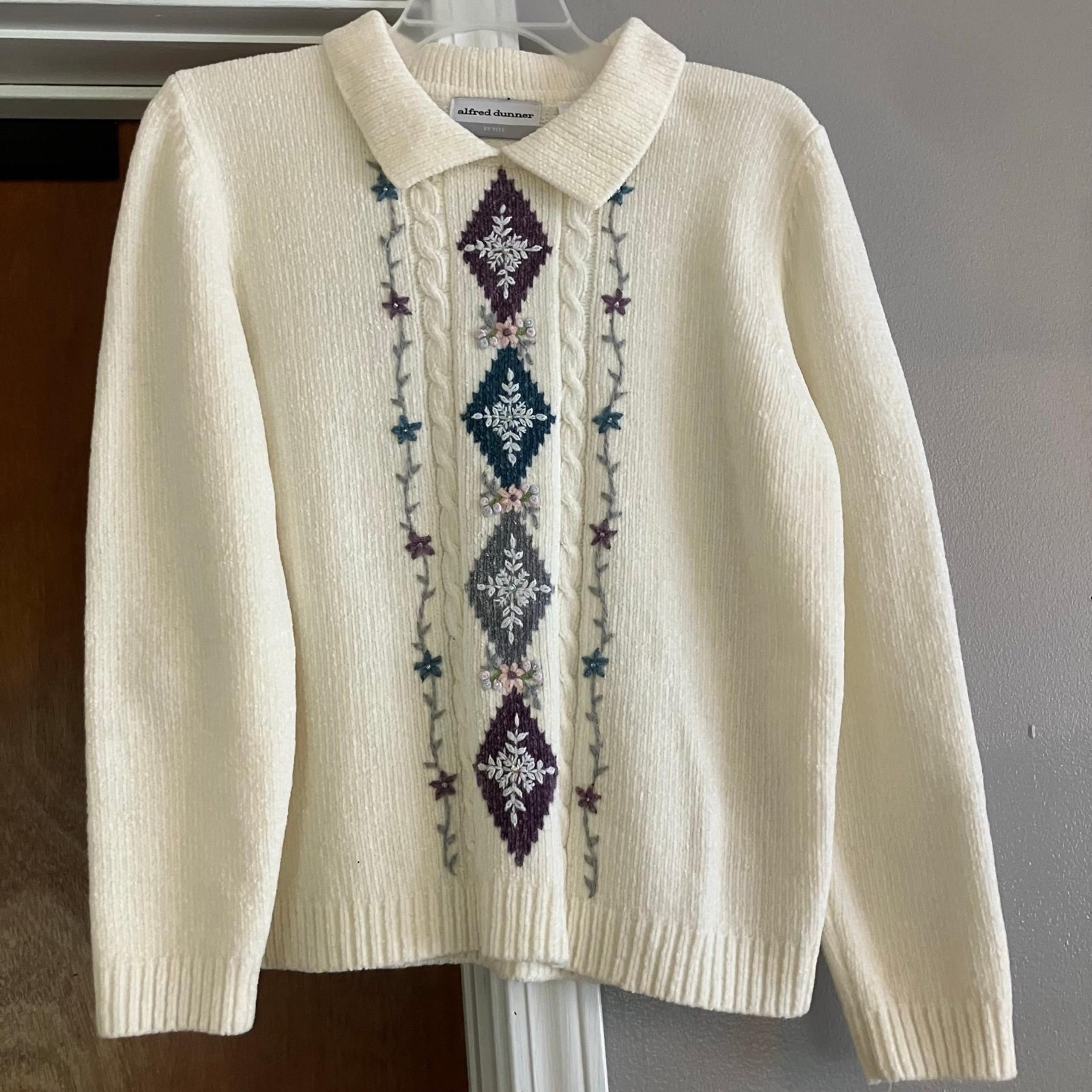 Alfred Dunner 90s Vintage Chenille Collared Embellished Sweater Sz Large Petite