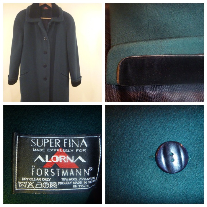 Women M L Overcoat Velvet Cuff Long Wool Blend USA Coat Emerald Green Vintage