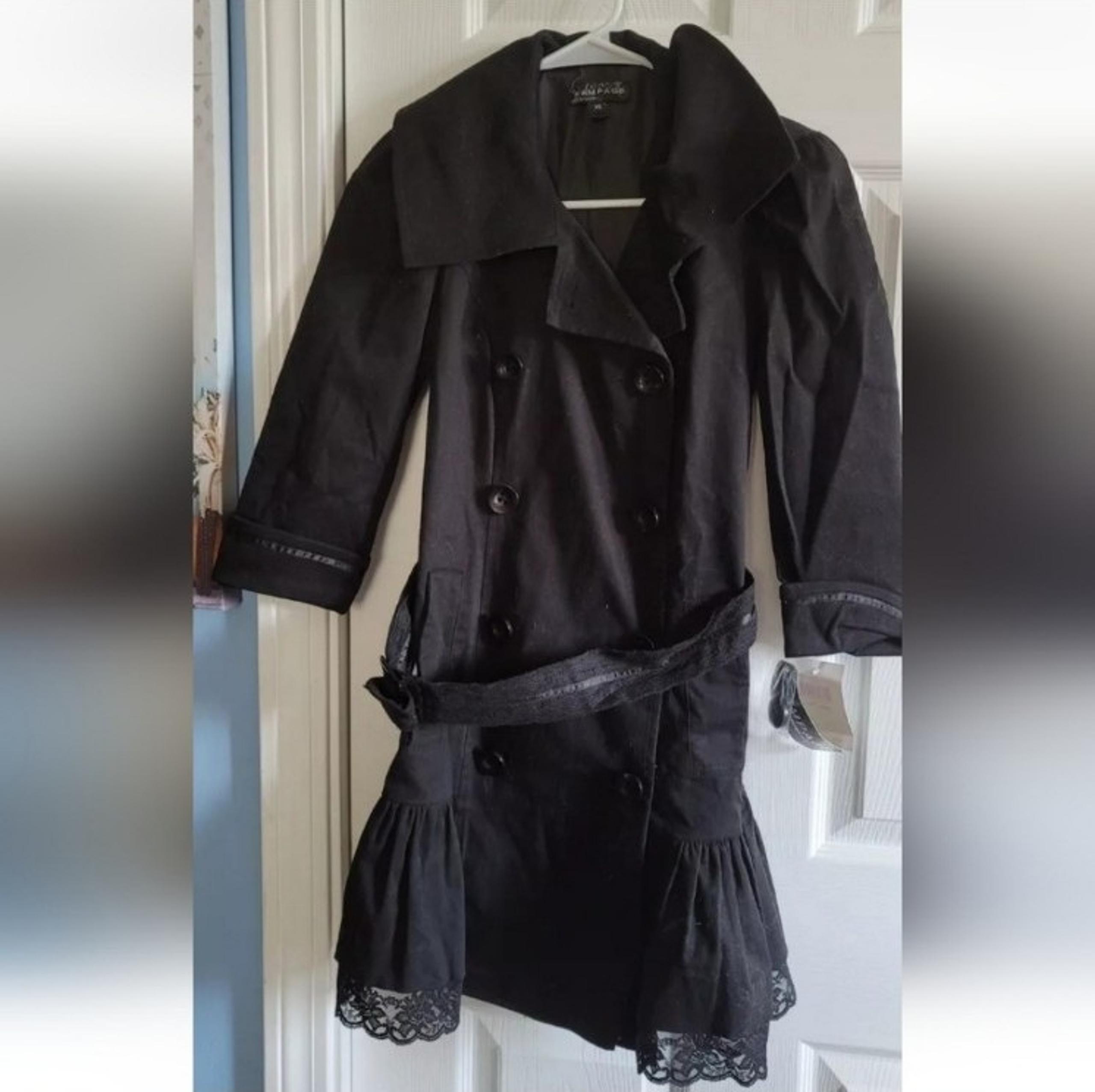 NWT Women's Rampage Black Lace Belt Button Up Trench Coat 3/4 Jacket Size XS