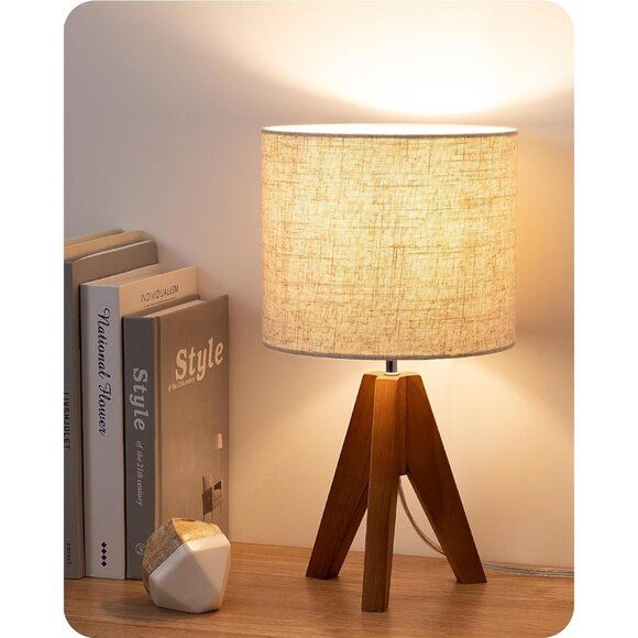 New Tripod Table Lamp with Beige Linen Shade, Wooden Base for Bedroom Decor