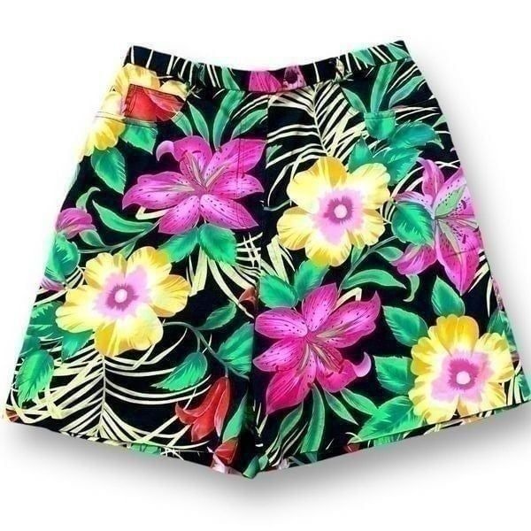 Vintage 80s Shorts High Waisted Tropical Floral Detail Print Black Fuchsia