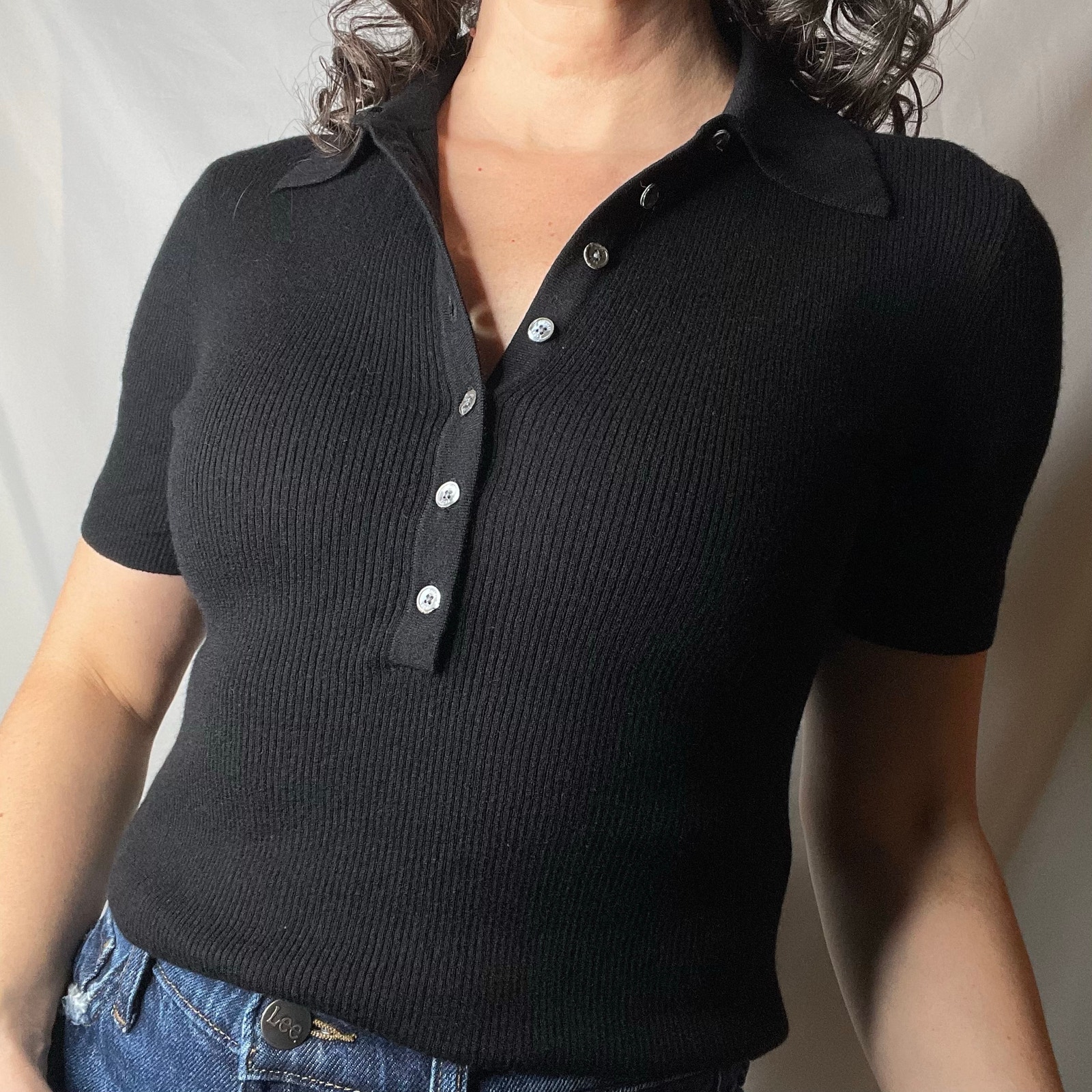 Michael Kors collection 100% cashmere polo sweater short sleeve black collared M