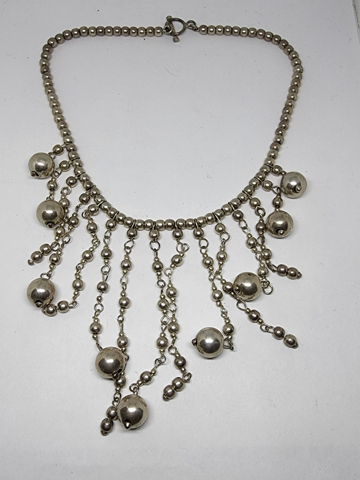 Vintage Sterling Silver Ball Bead Fringe All Sterling Silver Necklace 16 80.99g