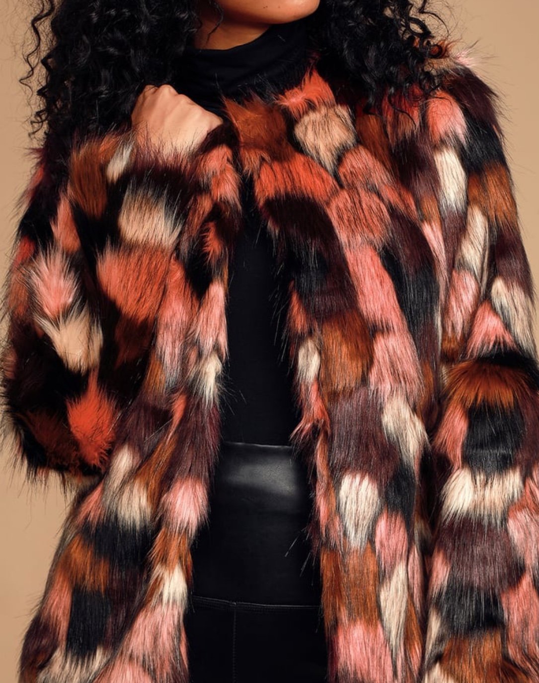 LuLu Multicolor Faux Fur Peach Pink Cream Orange Black Tones. S Hook & Eye.