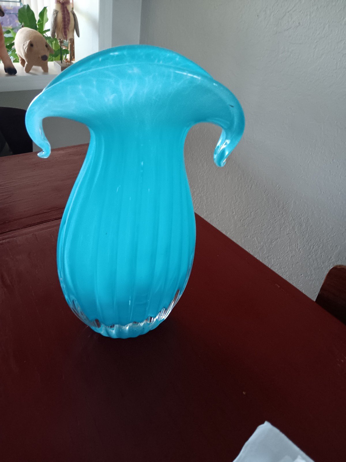 Blue pulled glass ribbed art glass piece