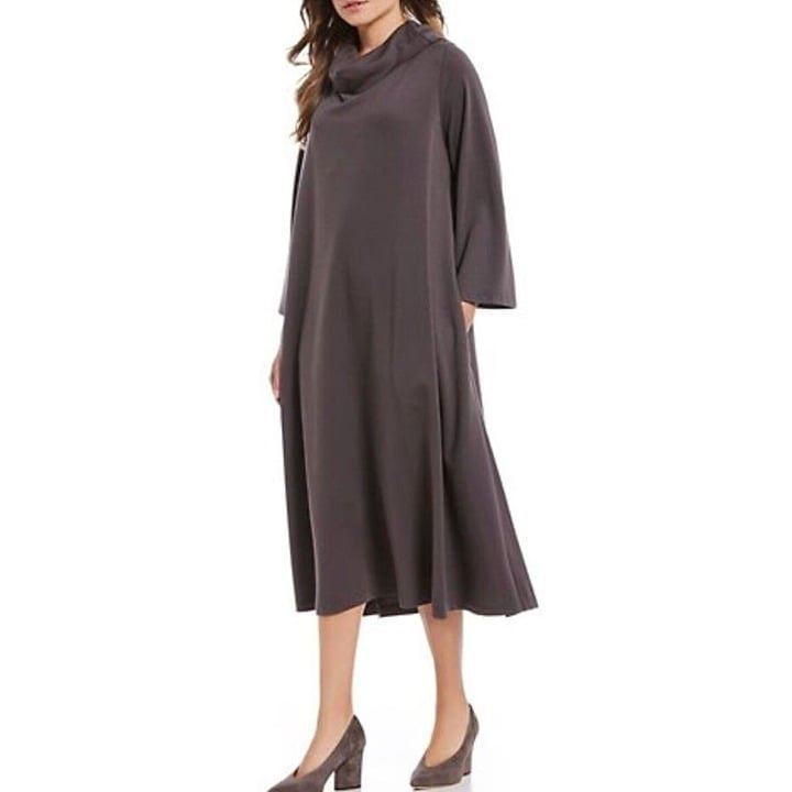 Womens Size Large Bryn Walker Dark Gray Taupe Henrietta Cowl Neck Midi Dress