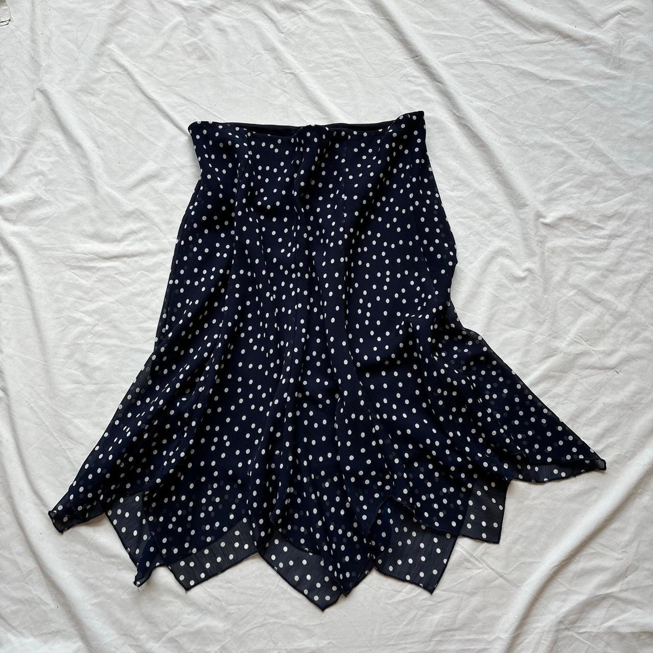 vintage navy with white polka dot skirt with asymmetrical hem