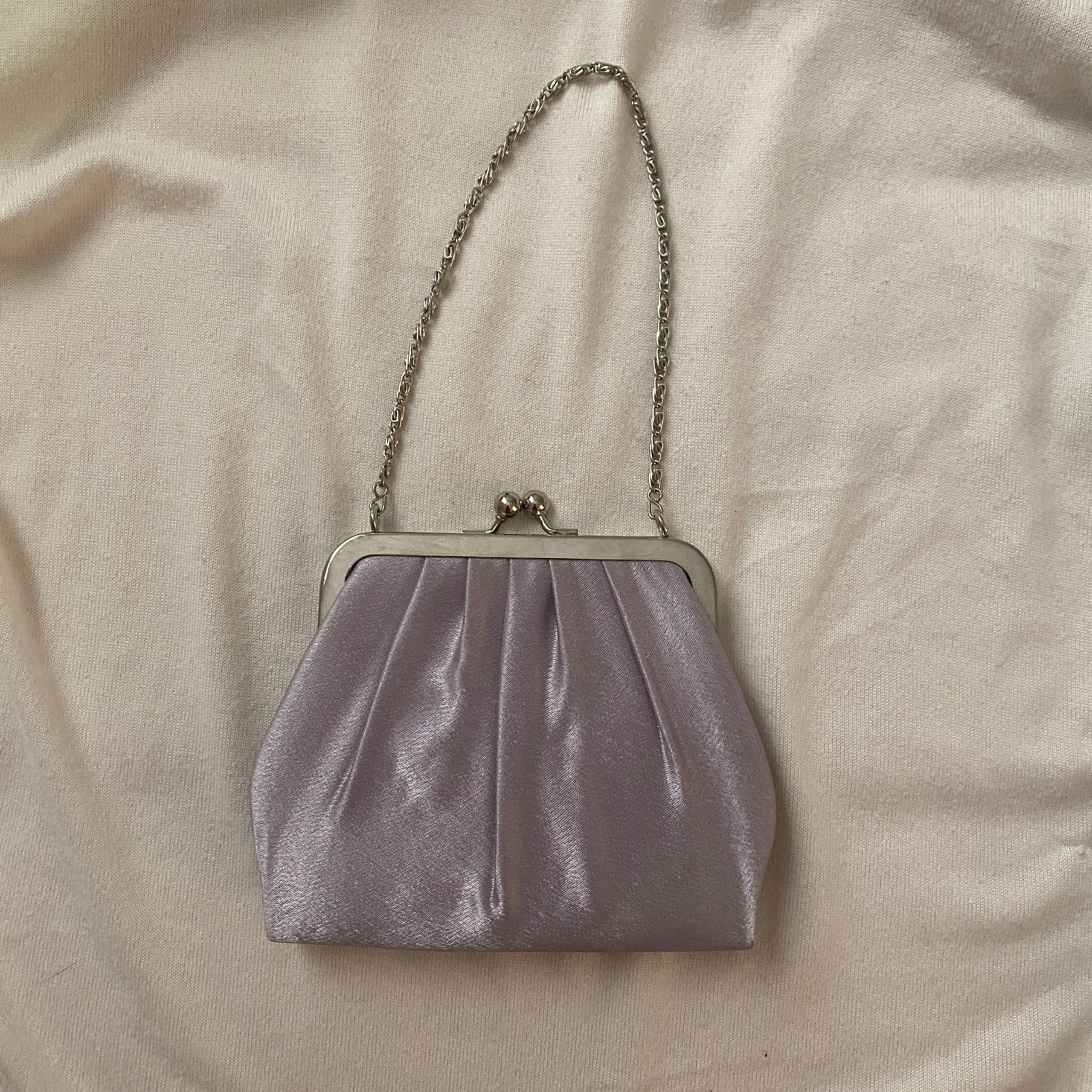 Lilac purple silk satin clutch with chain handle