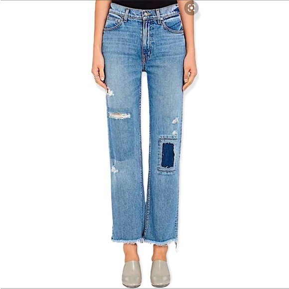 DEREK LAM 10 CROSBY Leah High Rise Straight Leg Distressed Patch Jean Size 24