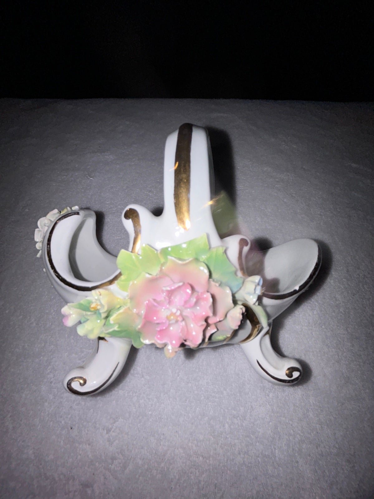 wedding porcelain small basket with pretty applied flowers and gold guilt