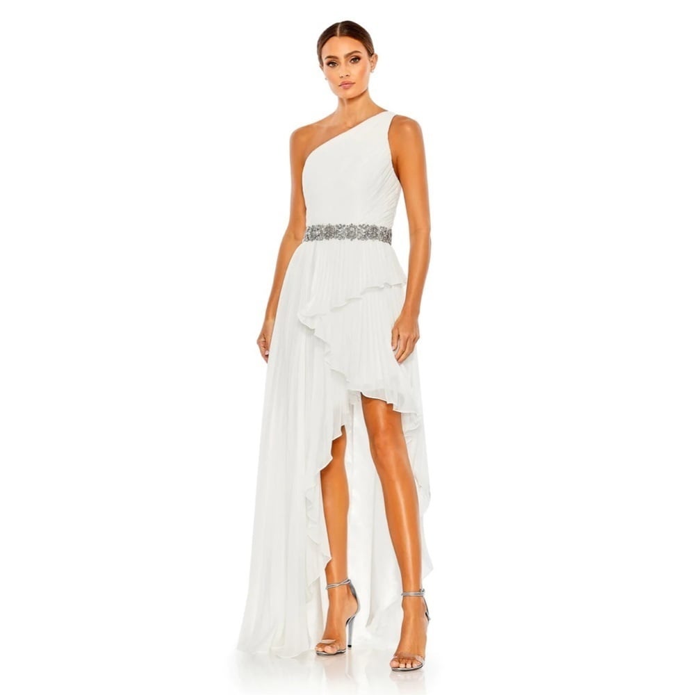 Size 2 Mac Duggal 49532 NWT PLEATED ONE SHOULDER ASYMMETRICAL RUFFLE HEM GOWN