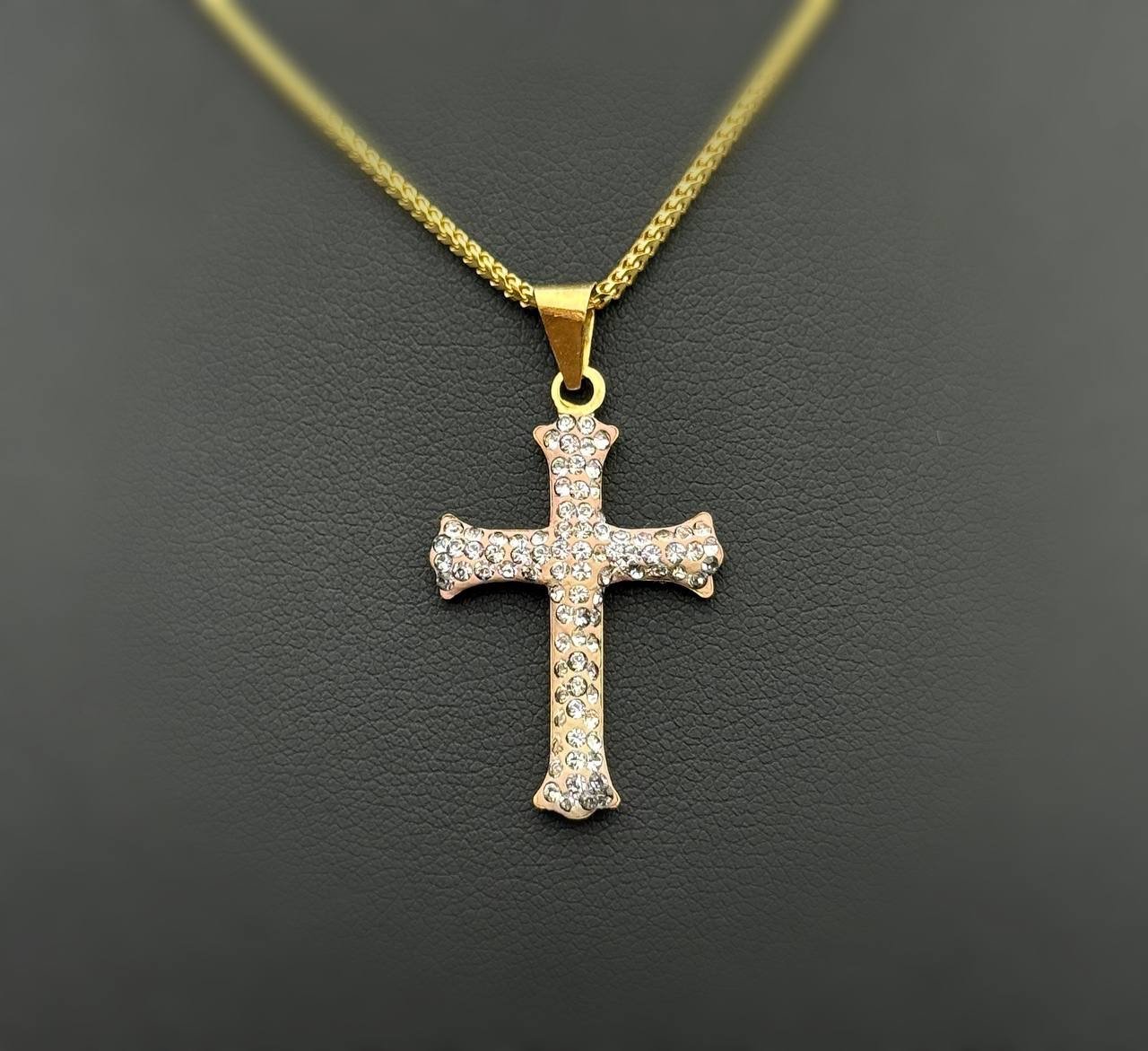 14k solid yellow gold white gems Cross Pendant charm