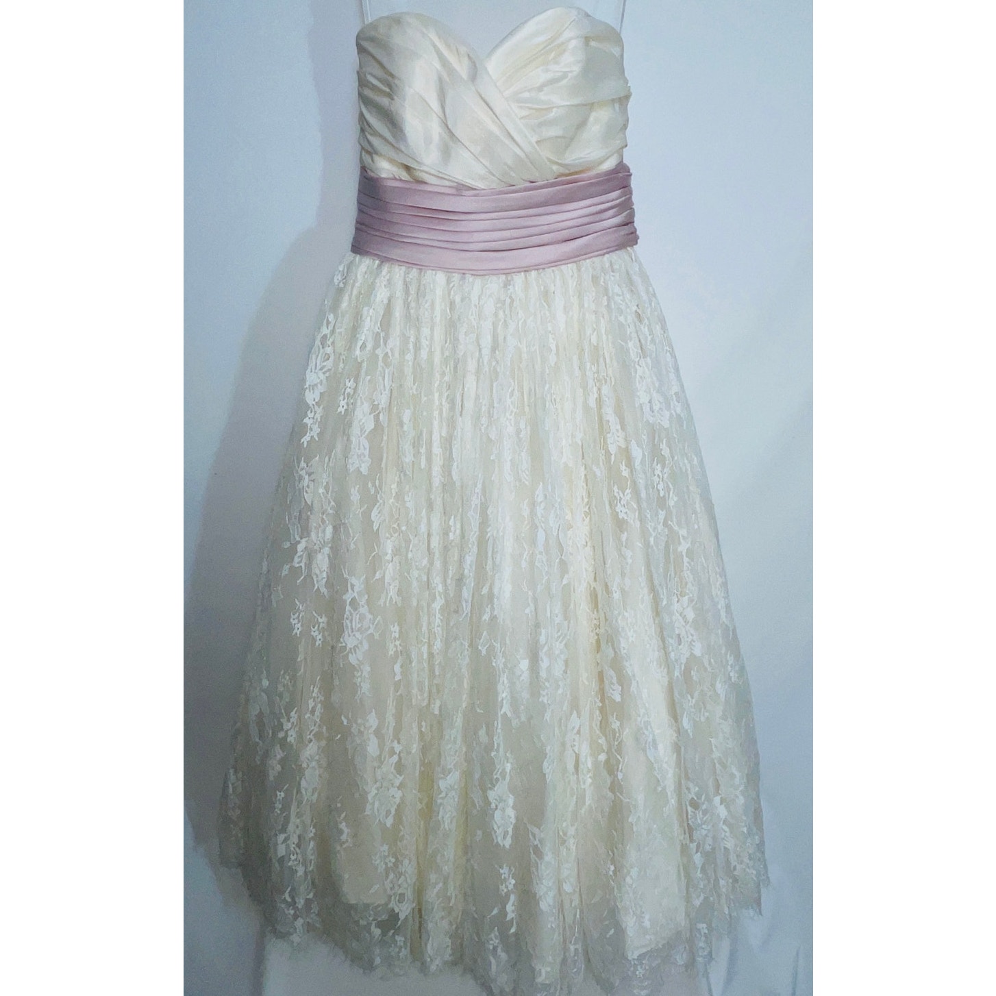 Strapless Midi Length Wedding Dress w/ Pink Satin Sash at Waist - Women's Size 8