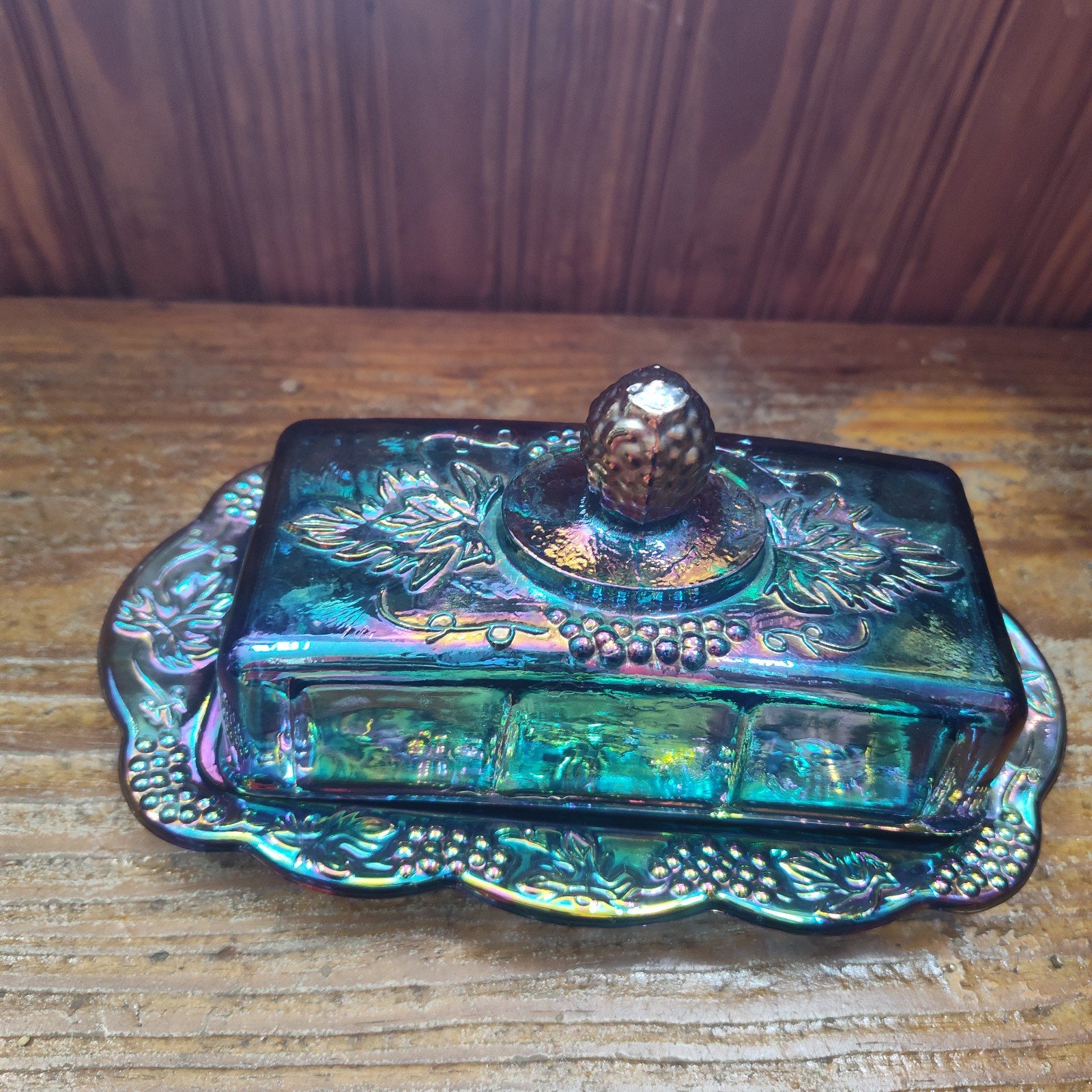 Vintage Indiana glass iridescent blue Carnival Glass covered butter dish & plate