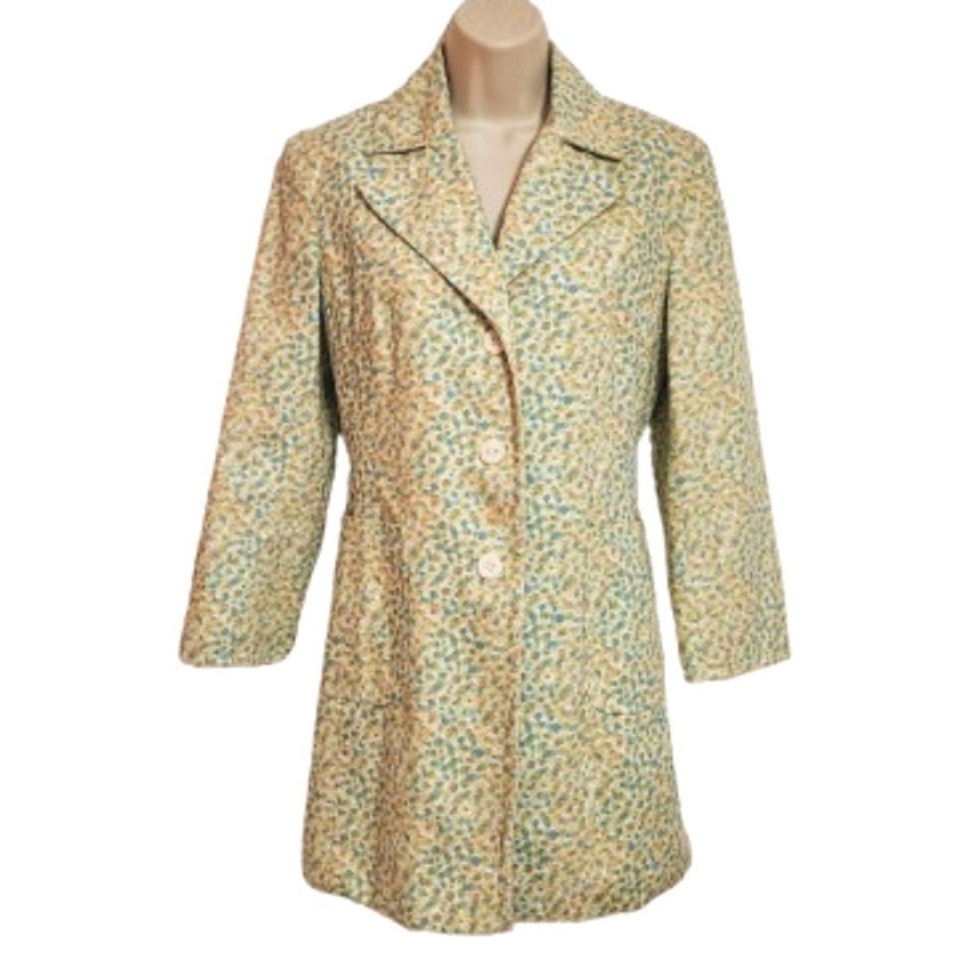 Express Ditsy Floral 3-Button Pocketed Collared Trench Coat Green Multi Small