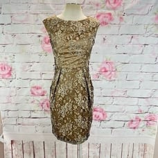 Sue Wong Women's Laced Cap Sleeve Sheath Cocktail Party Dress Gold Size 4