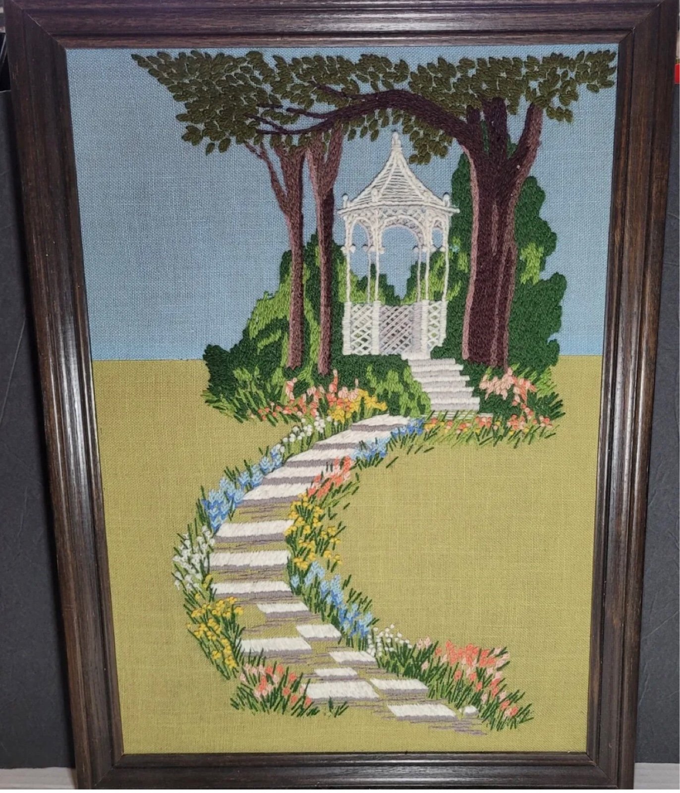 Vintage Crewel Embroidery Country Gazebo w/ Trees Completed Framed Artwork