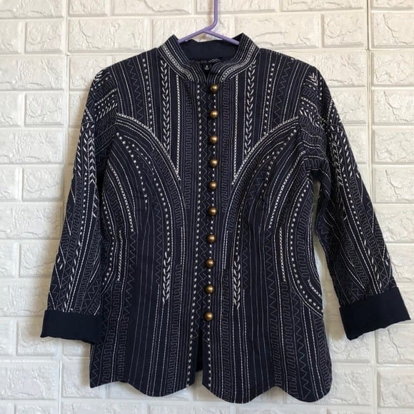 Indigo Moon embroidered mock button down
