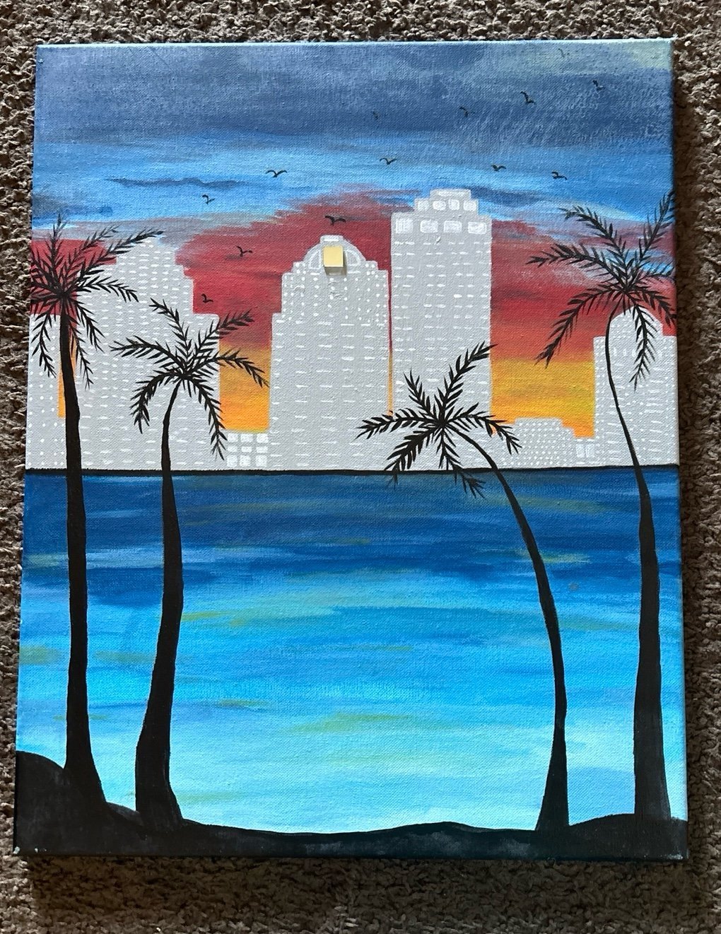 Sunset Skyline by the Sea – Tropical Cityscape on Canvas Painting