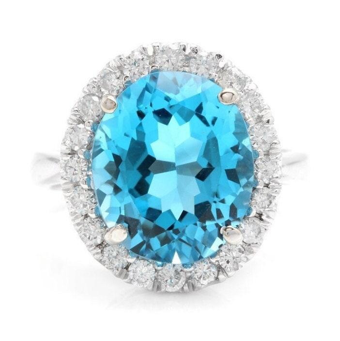 9.55Ct Natural Oval Blue Topaz & Diamond Halo Solitaire Ring 14k White Gold