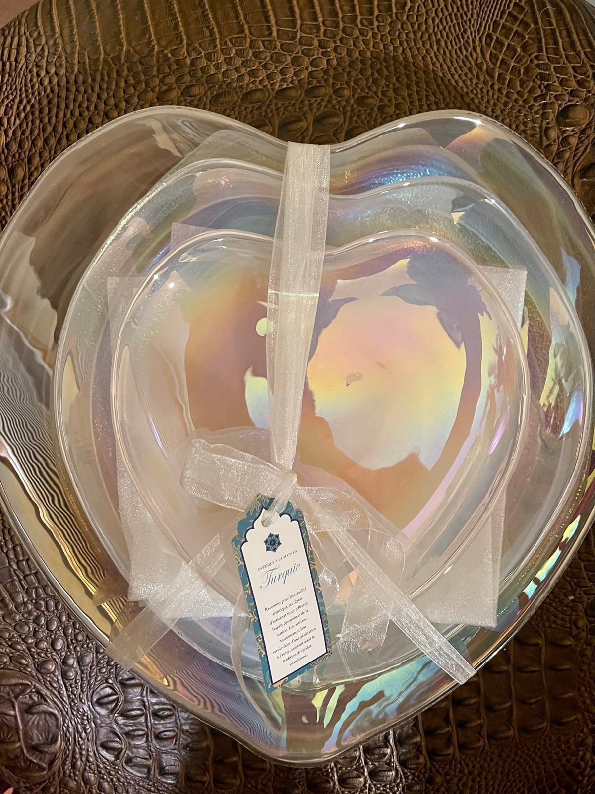 White Opalescent Glass Heart Shape Serving Platters