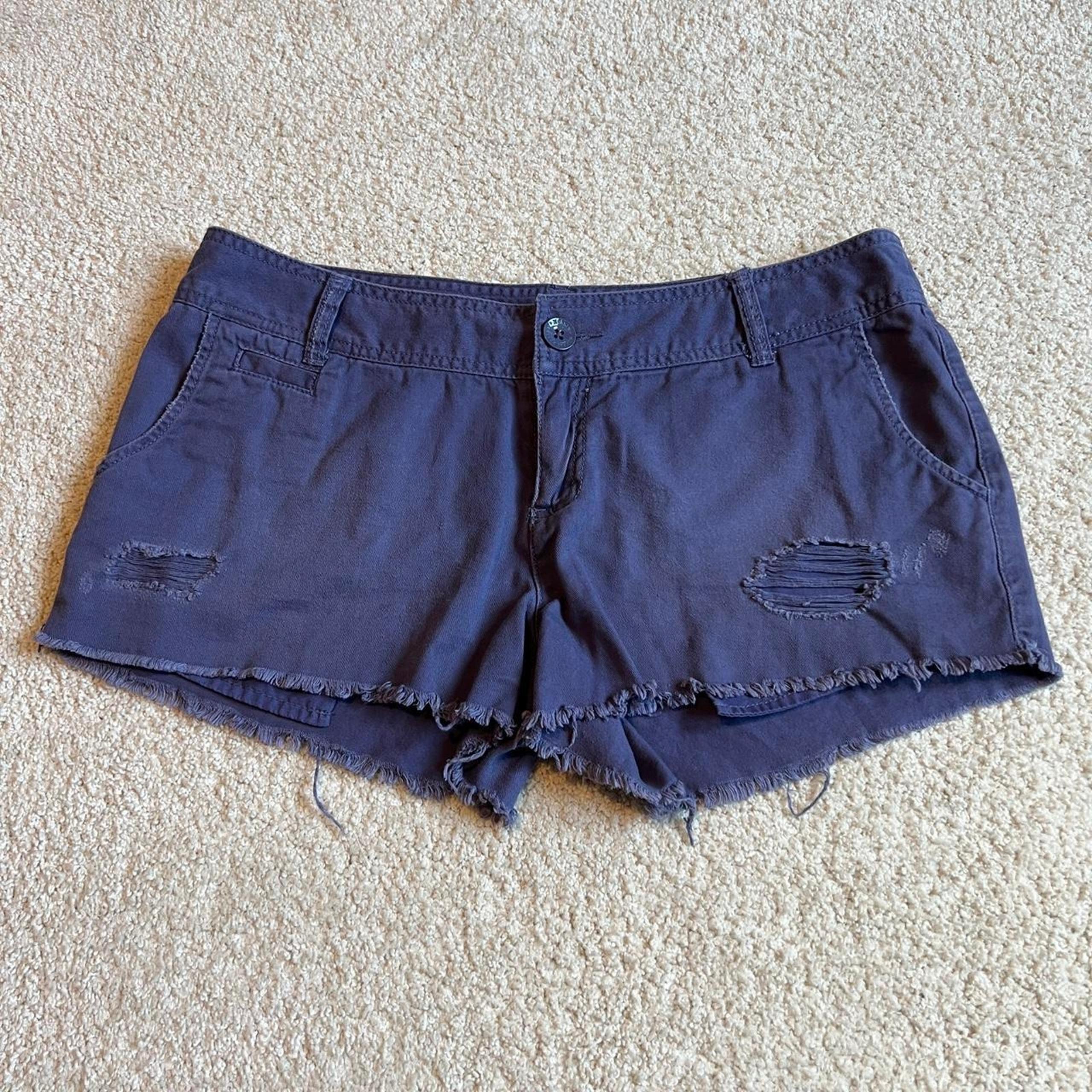 Low rise mid rise blue / purple / periwinkle distressed mini shorts