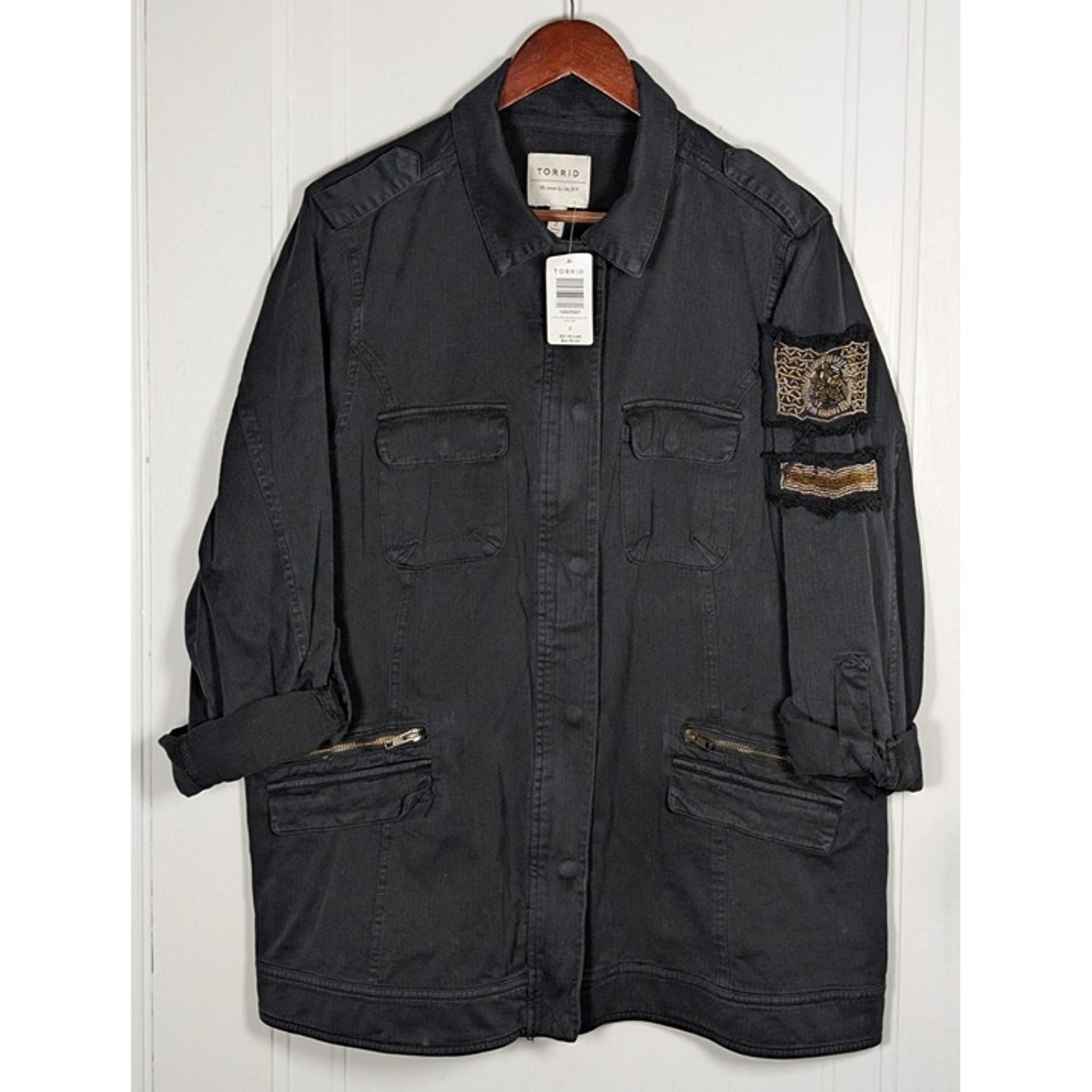 Torrid Denim Military Bomber Jacket Black Jean Full Zip Coat Womens Size 2 2XL