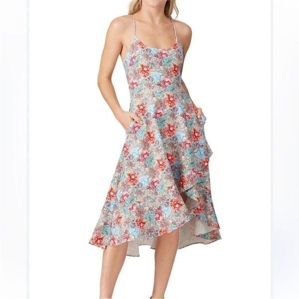 Black Halo White and Blue Floral Ruffle Midi Dress | 4