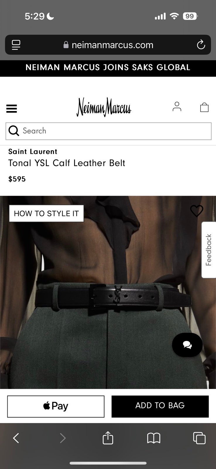 YSL Cassandre Belt Black SIZE 26 inches/65 CM XXS/XS