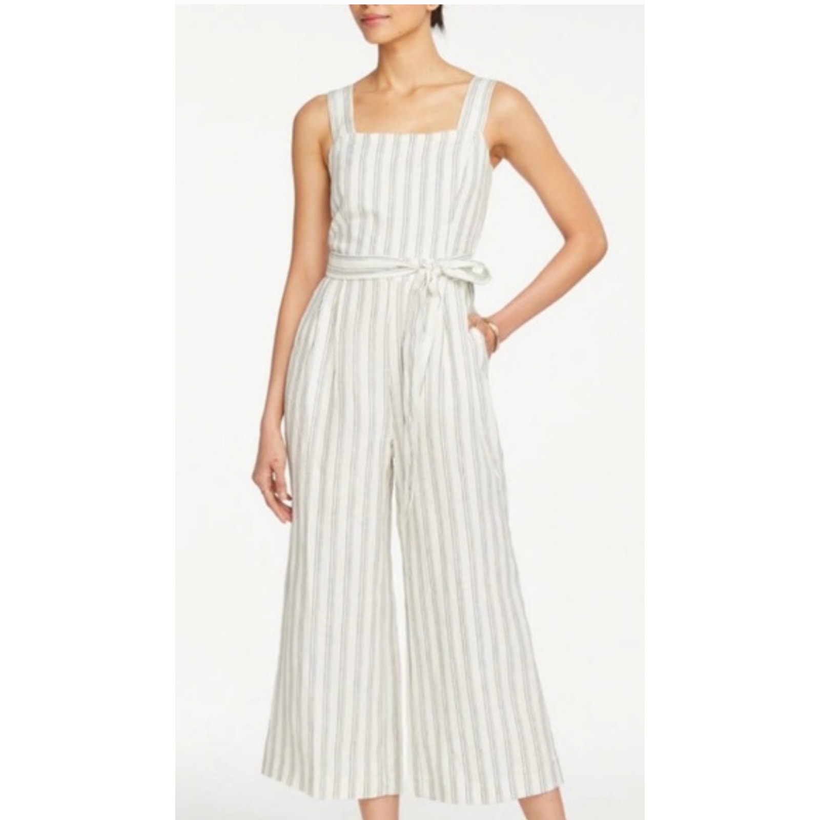 Ann Taylor Womens Linen Blend Striped Square Neck Jumpsuit Sleeveless Size 12