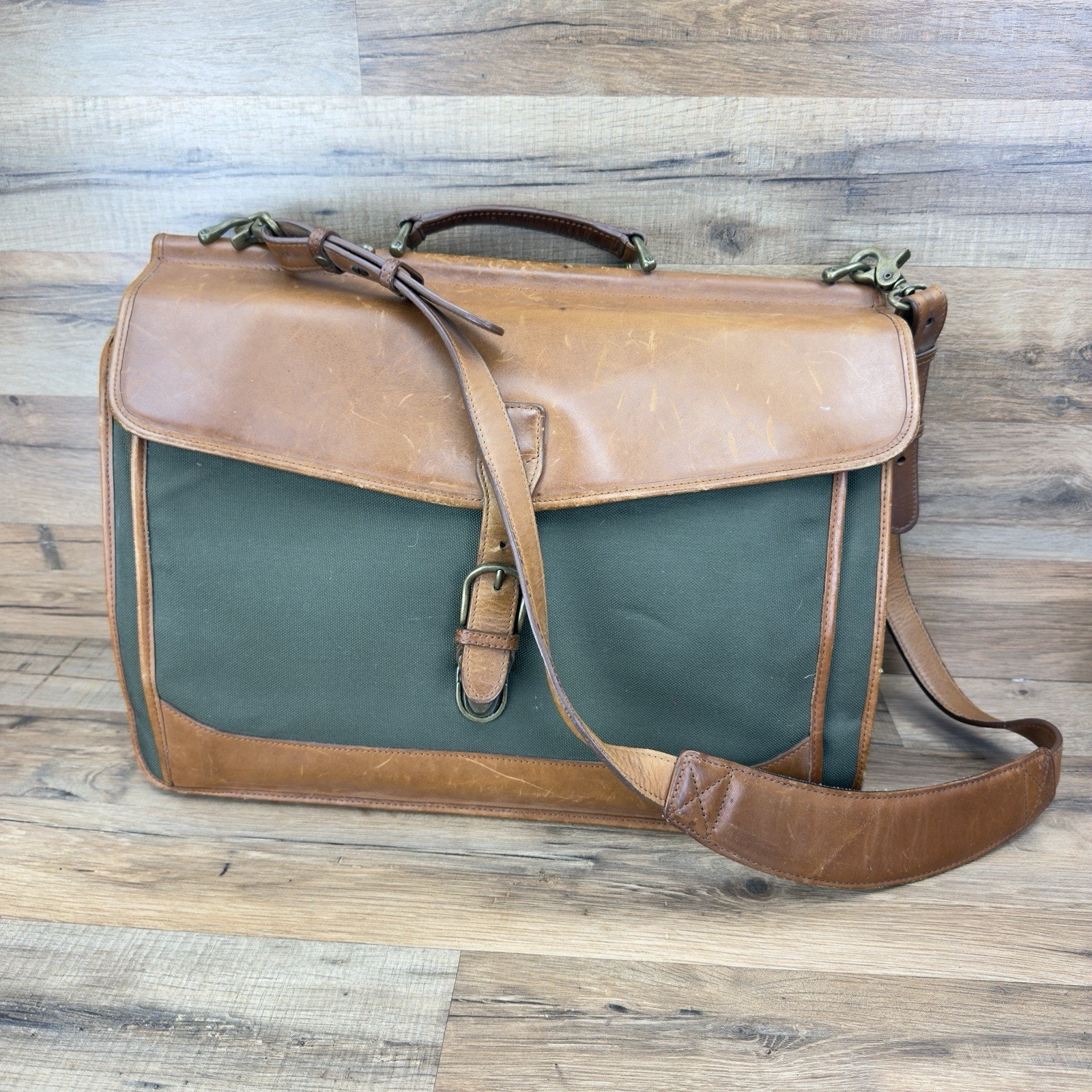 L.L. Bean Dowel Rod Canvas Green Business Travel Briefcase Shoulder Leather Bag