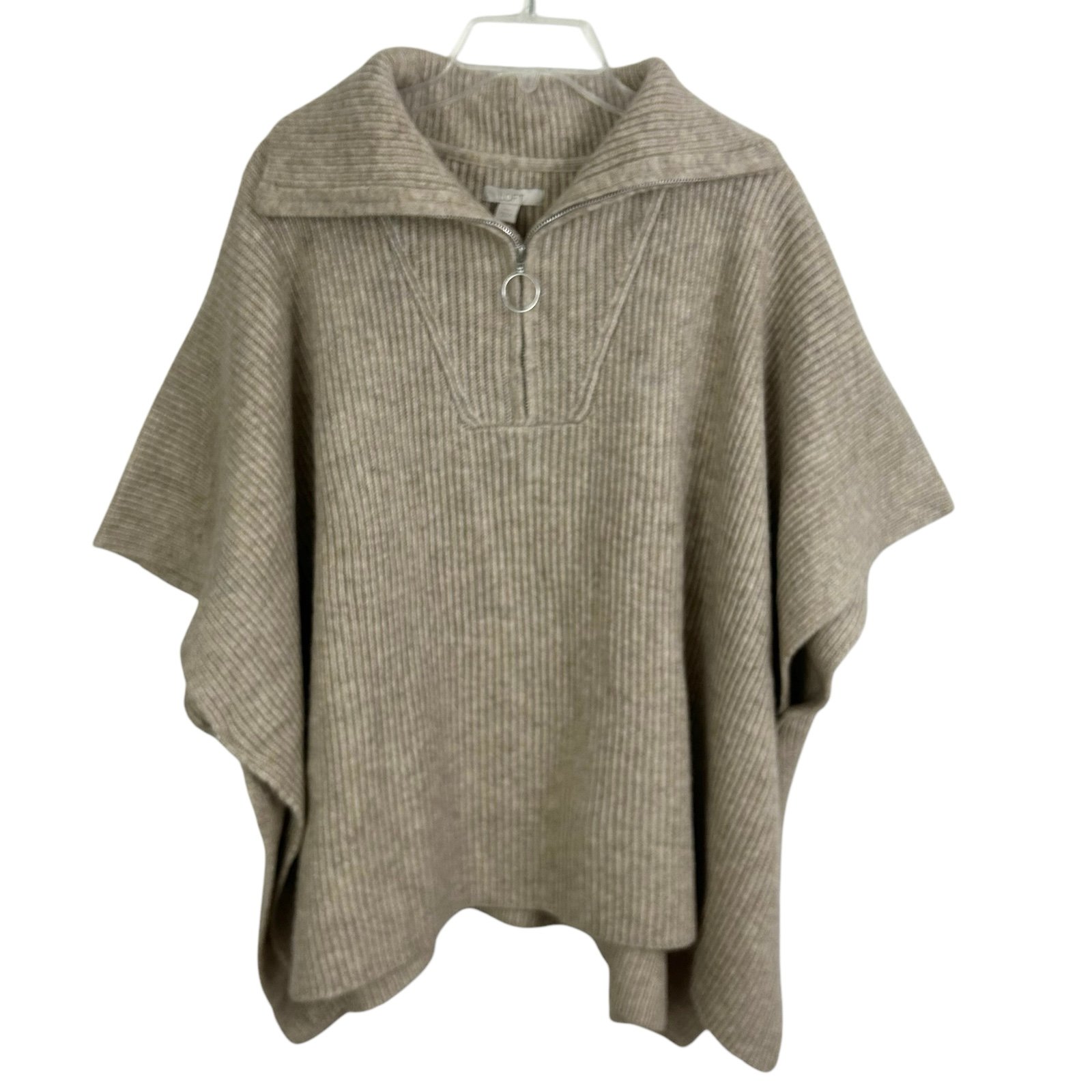 LOFT New PONCHO SWEATER M L Oversized Beige Wool 1/4 Zip Chunky Turtleneck NWT