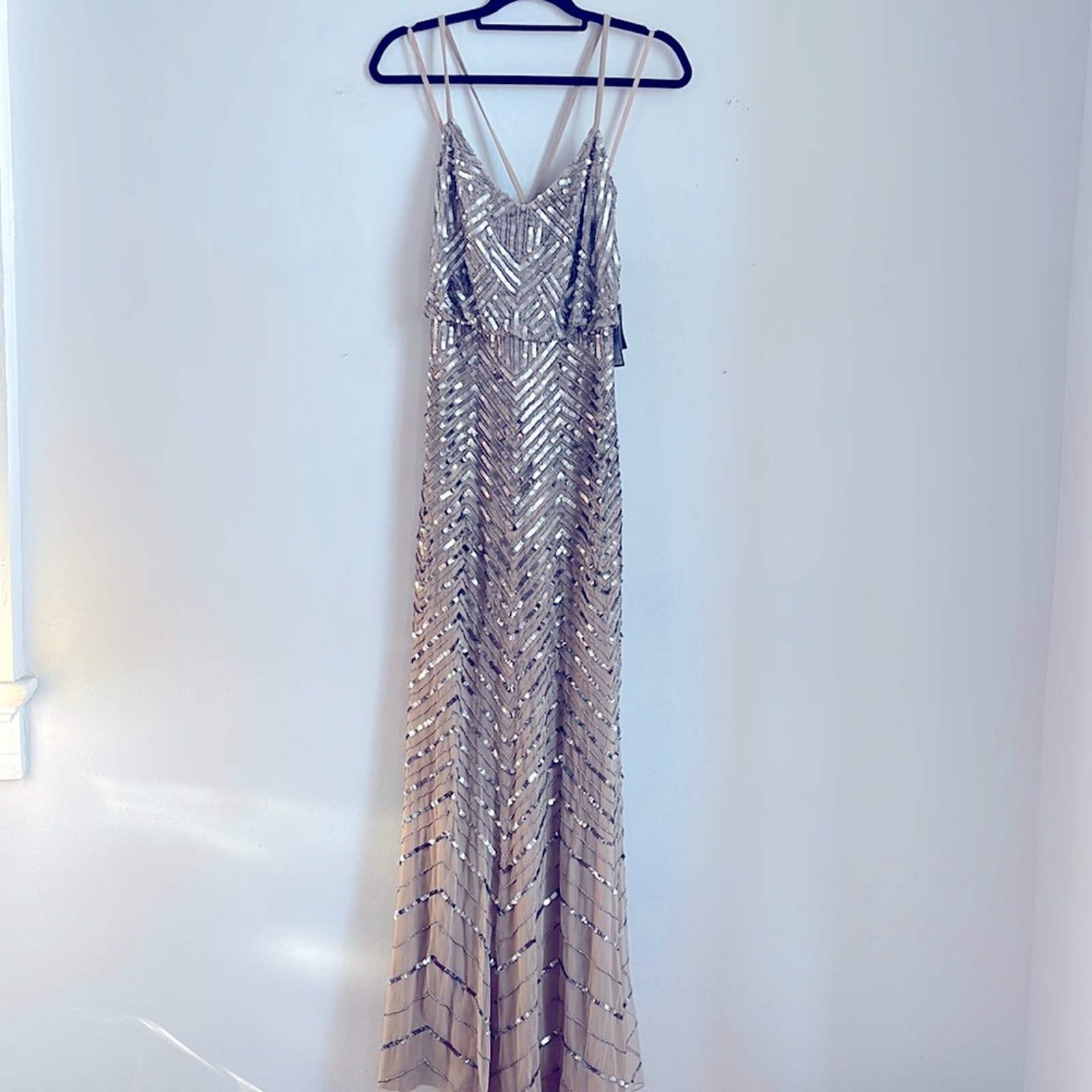 NWT Adrianna Papell nude sequin beaded blouson crossback gown sz 8M
