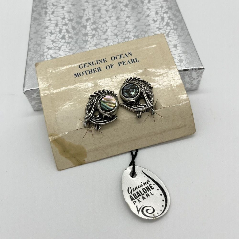 Vintage Genuine Abalone Silver Toned Fish Clip On Earrings Mother Of Pearl