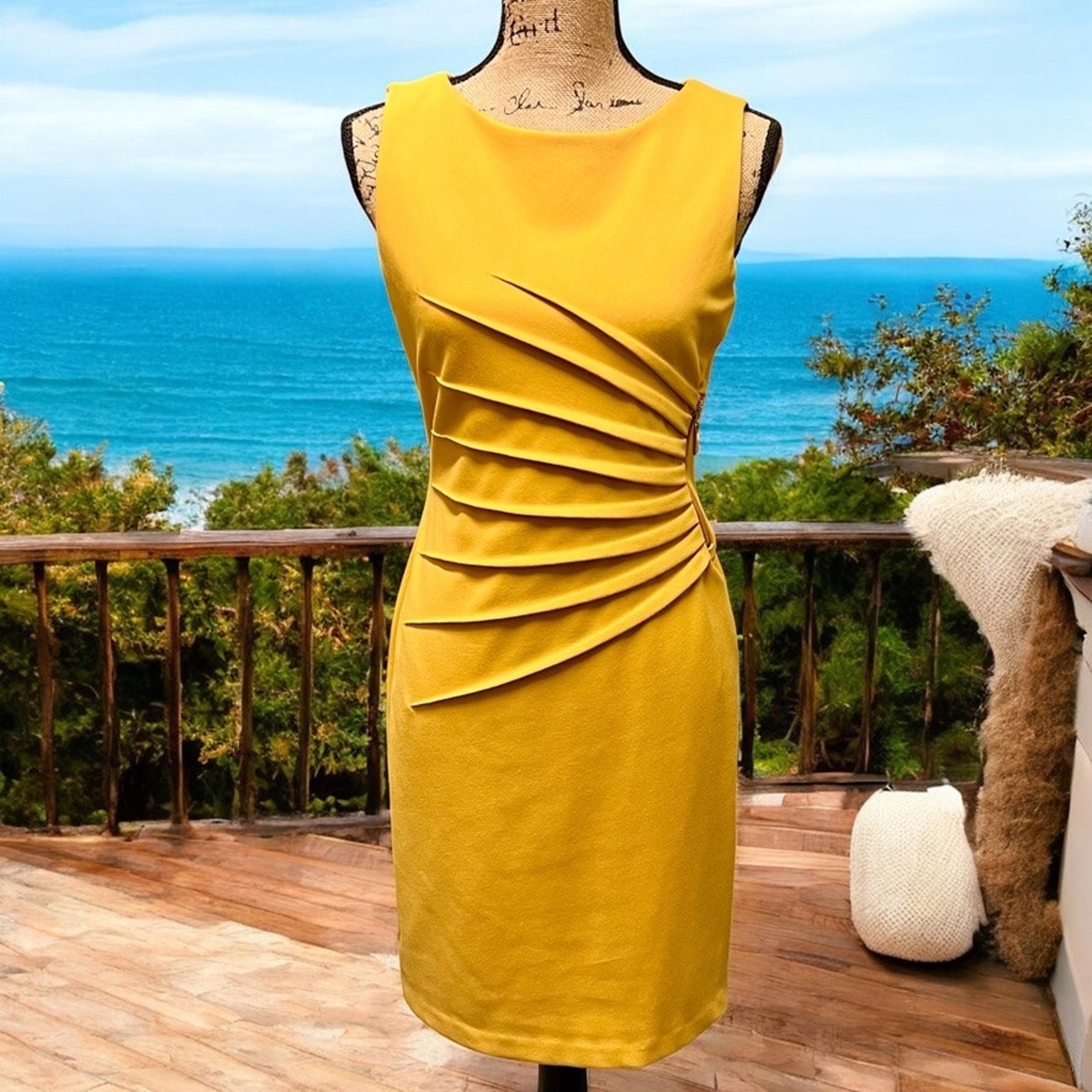 Ivanka Trump Sheath Dress-Mustard Yellow-Sunburst-Cocktail-Formal-Office Siren