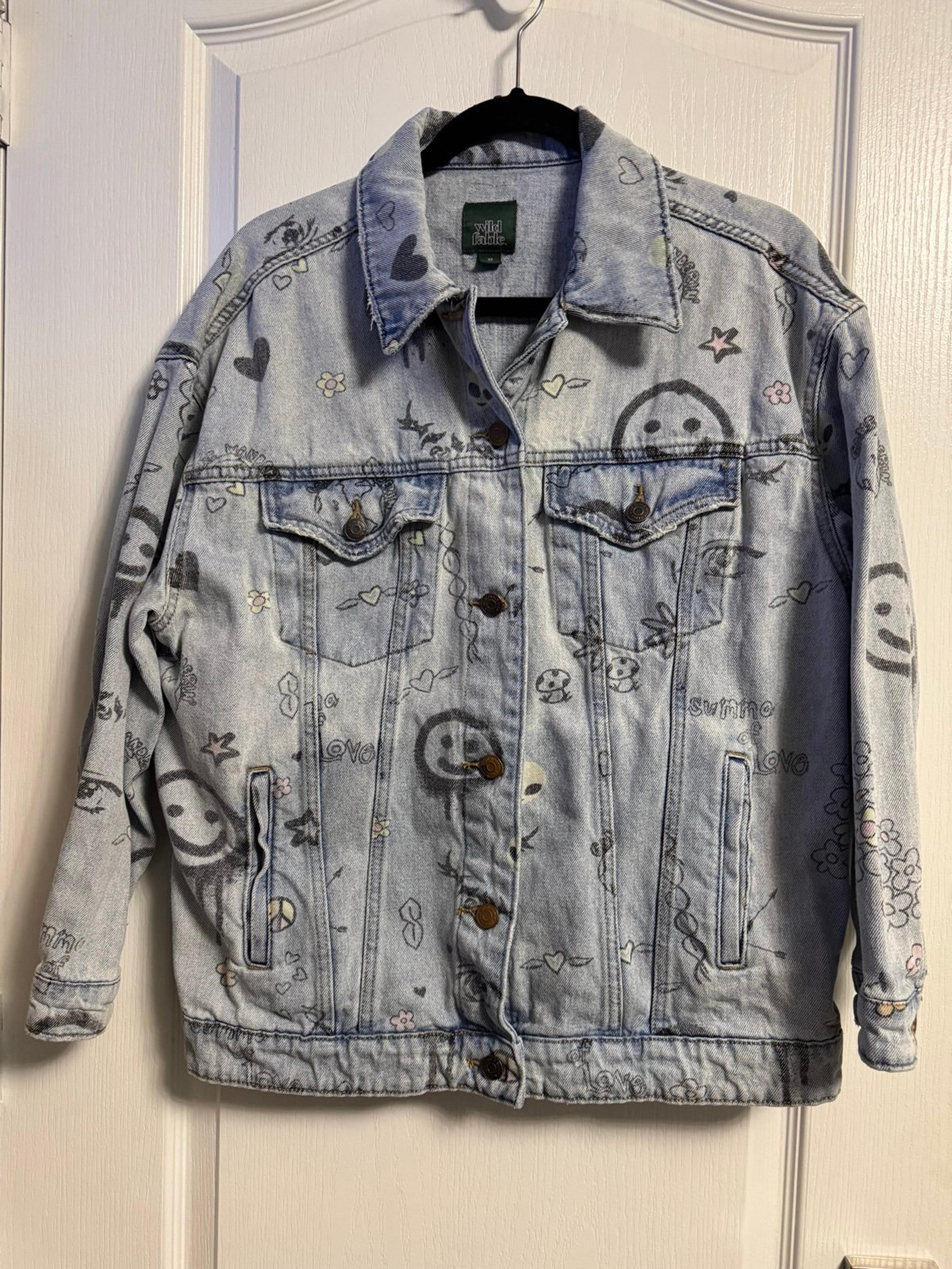 Wild Fable Printed Graffiti Peace Oversized Denim Jacket Summer Love XS